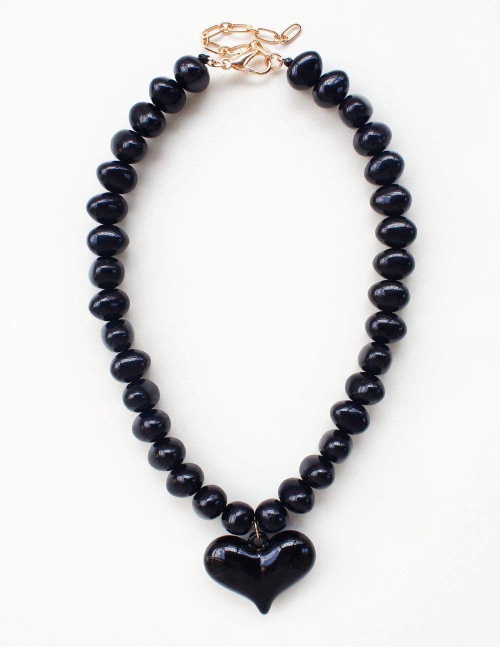 Black Chunky Beaded with Black Heart Charm Necklace