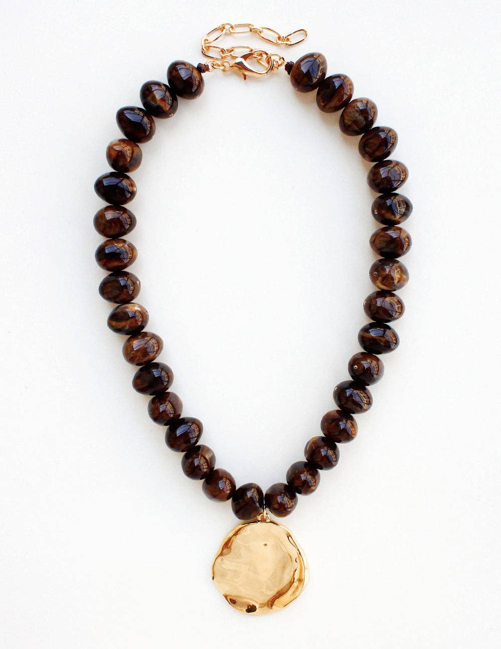 Brown Beaded Gold Hammered Coin Necklace