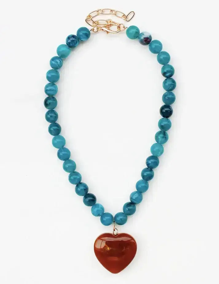 Blue Beaded Stone Heart Necklace