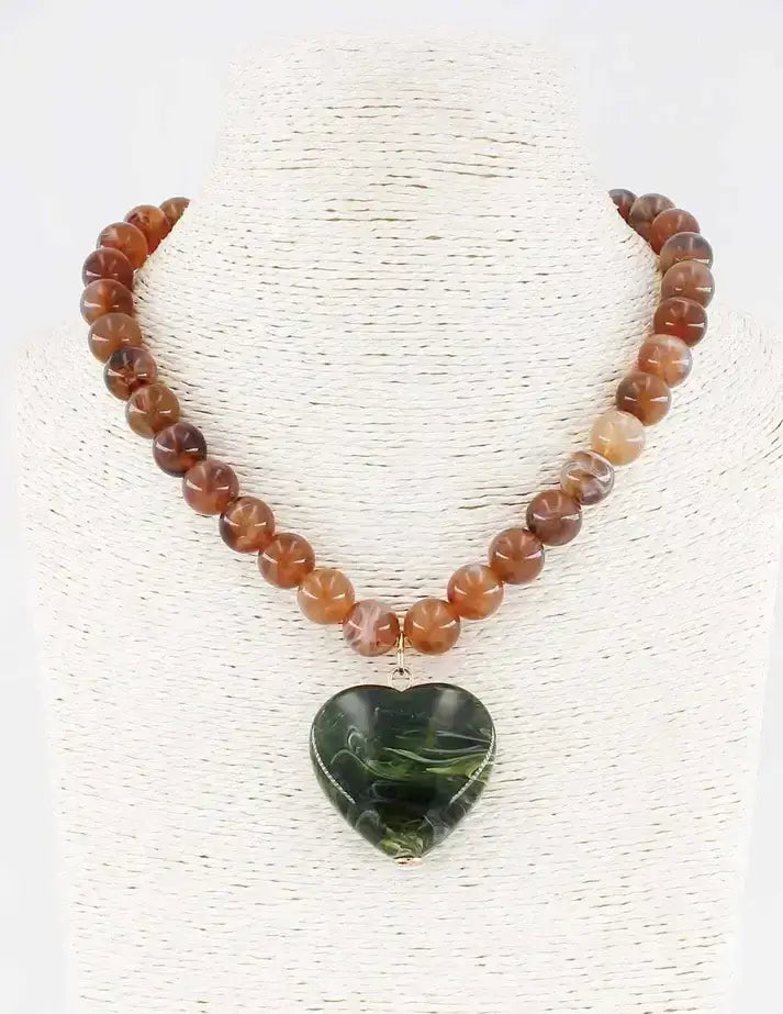 Brown/Olive Beaded Heart Necklace