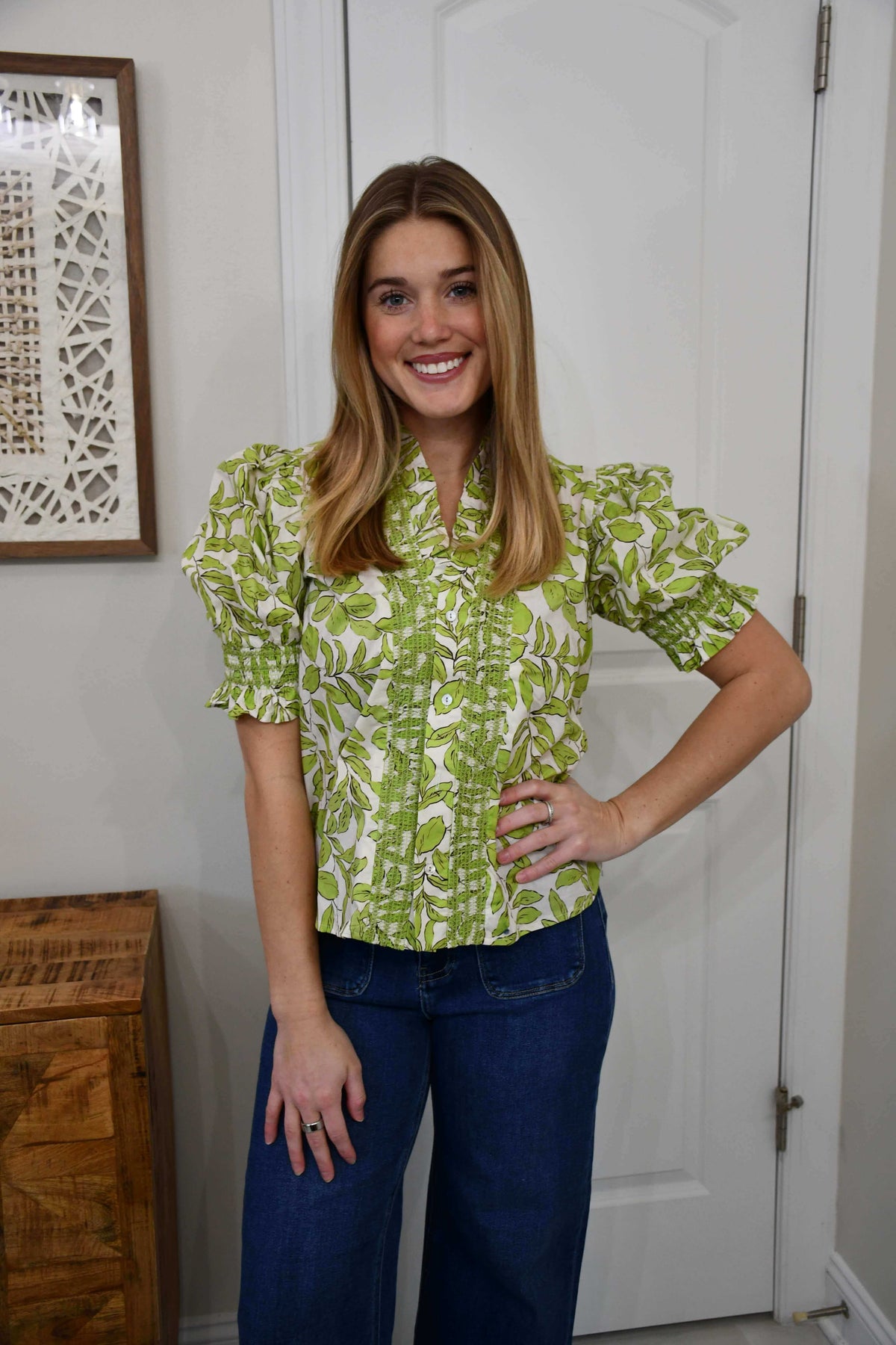 Ruffle V-neck Smocked Puff Sleeve