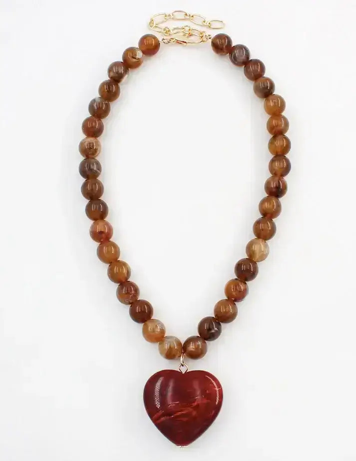 Brown/Red Beaded Heart Necklace