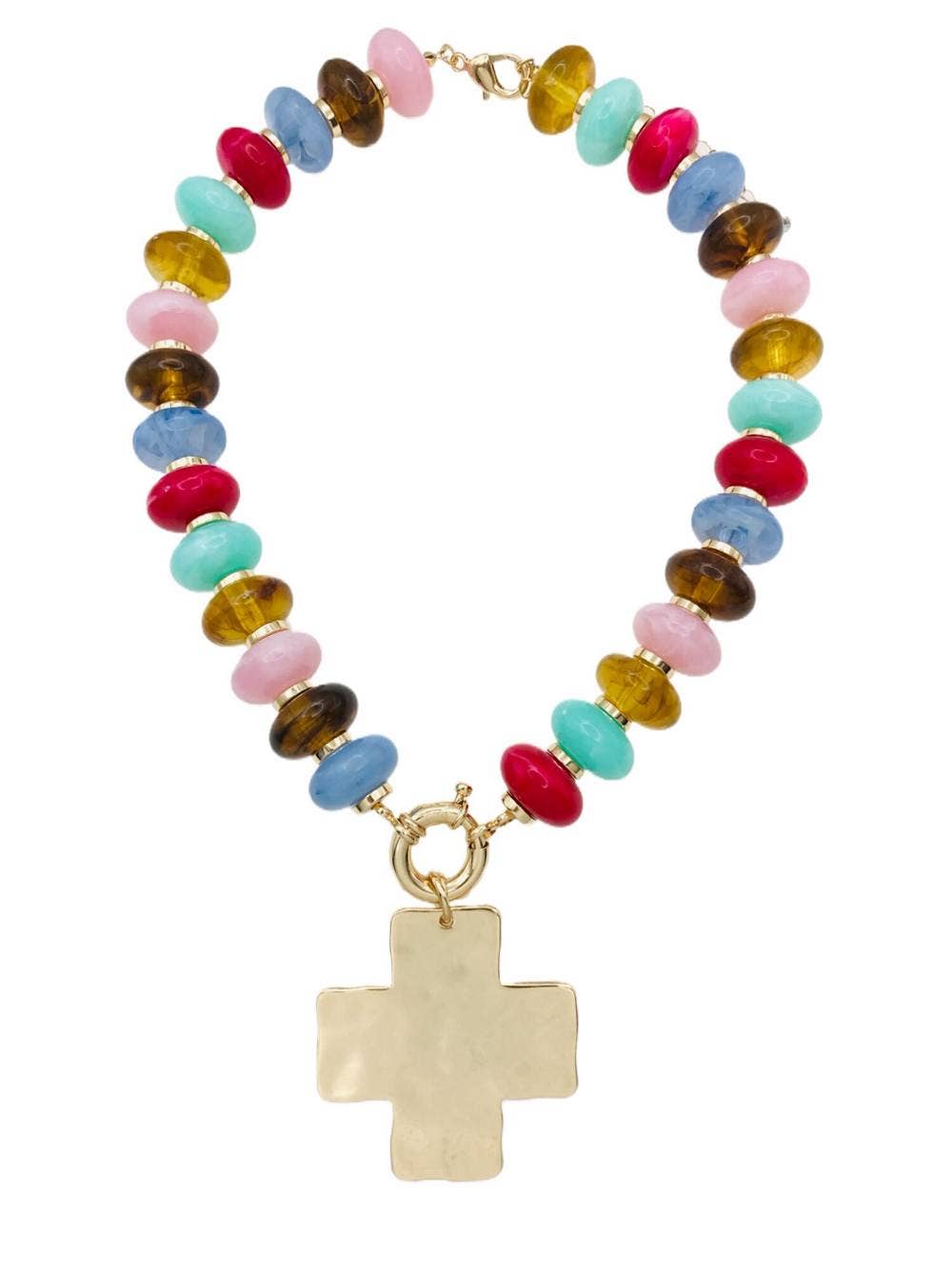 Hammered Cross Bright Beaded Necklace
