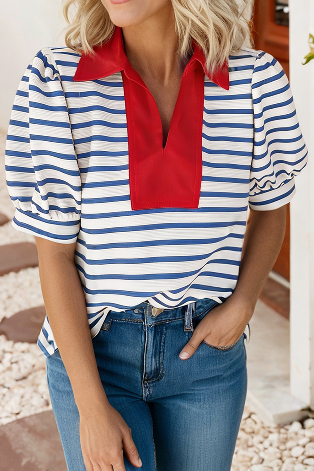 Debbie Striped V Neck-Red