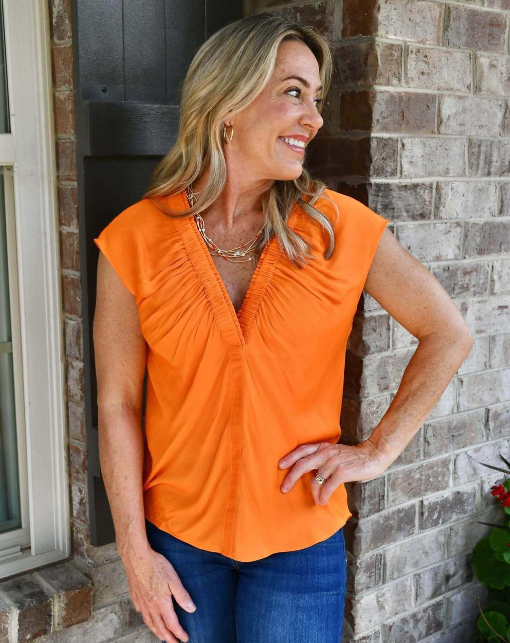 Laurine Orange Deep V-neck Blouse