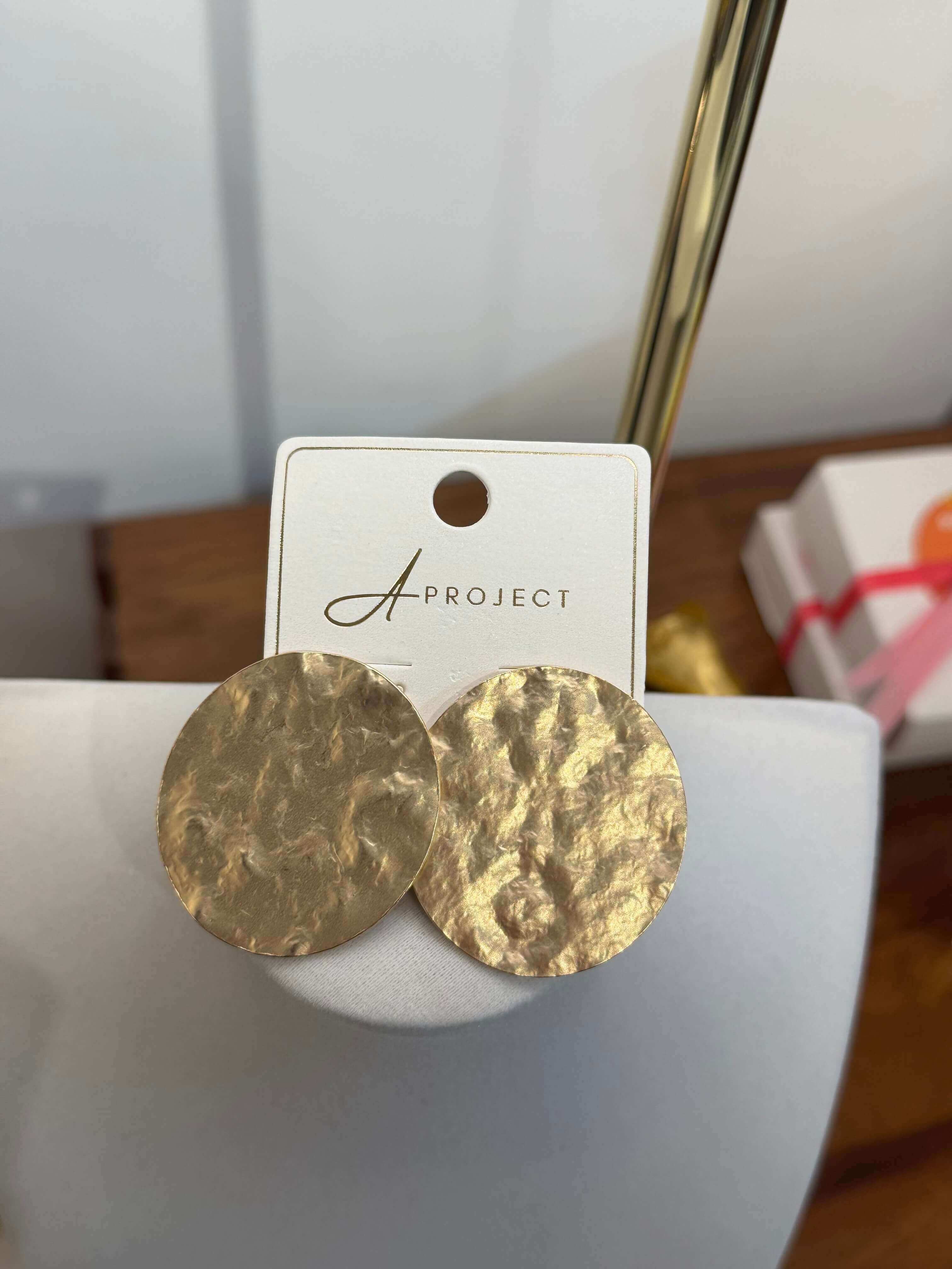 Gold Hammered Round Disk Earrings
