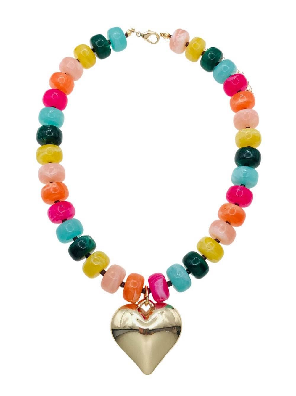 Multi Chunky Beaded Gold Heart Necklace