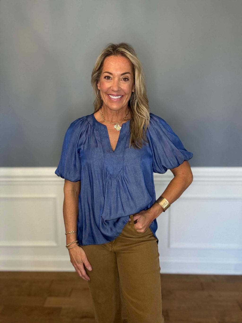 Indigo V-Neck Balloon Sleeve