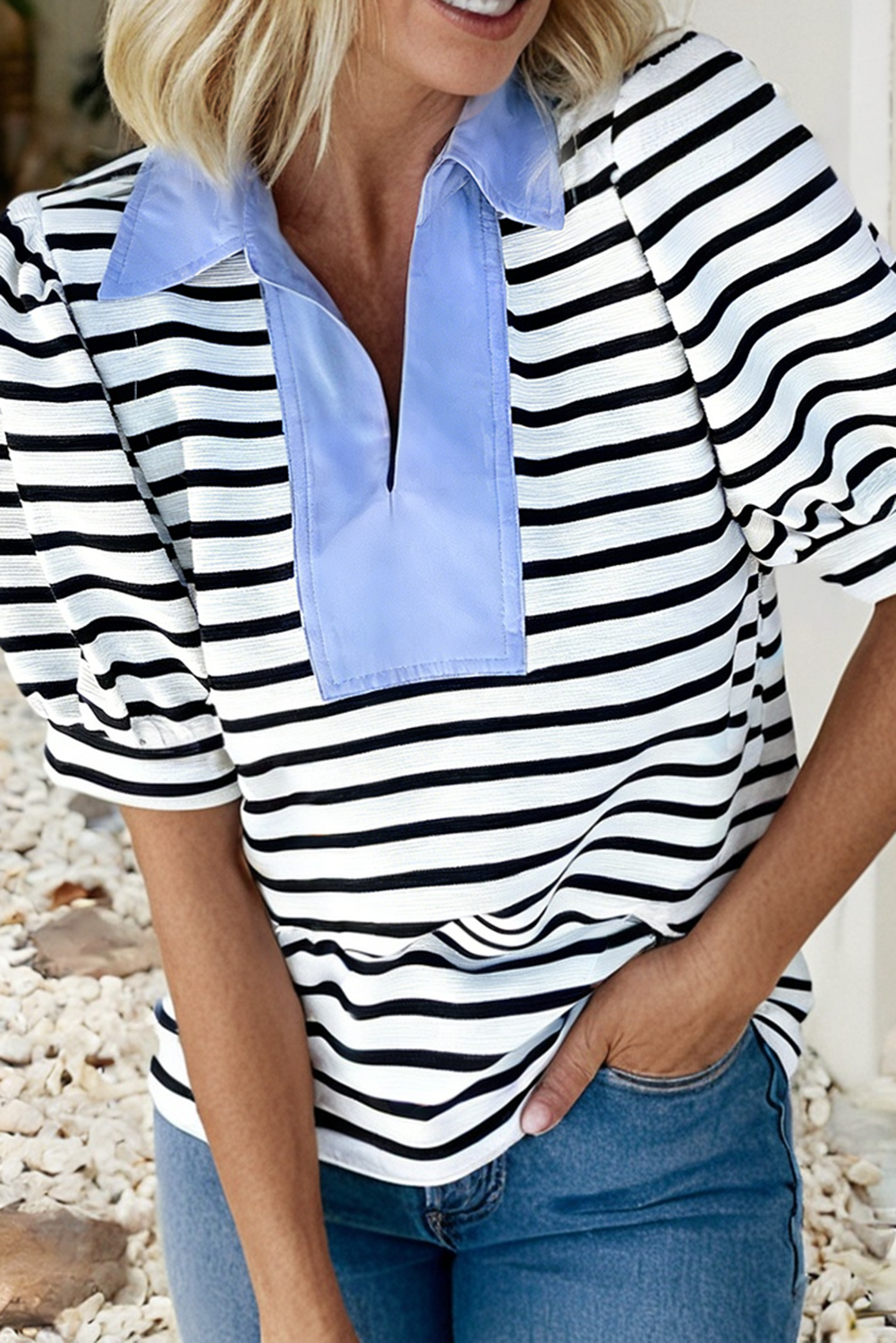 Barb Black Striped V Neck Top