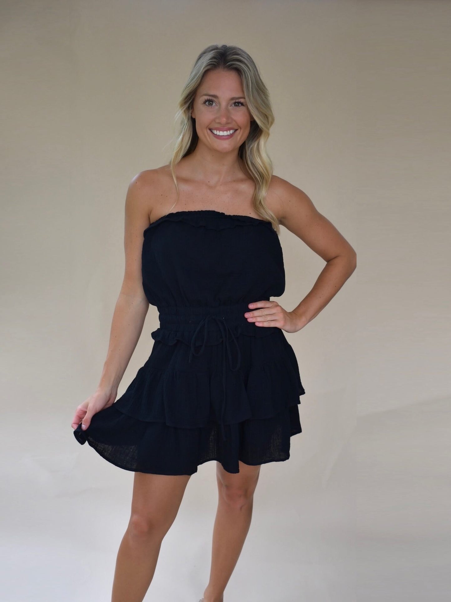 Hailey Gauze Tiered Dress (Black)