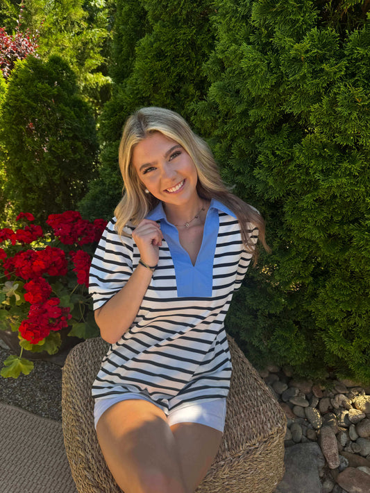 Barb Black Striped V Neck Top