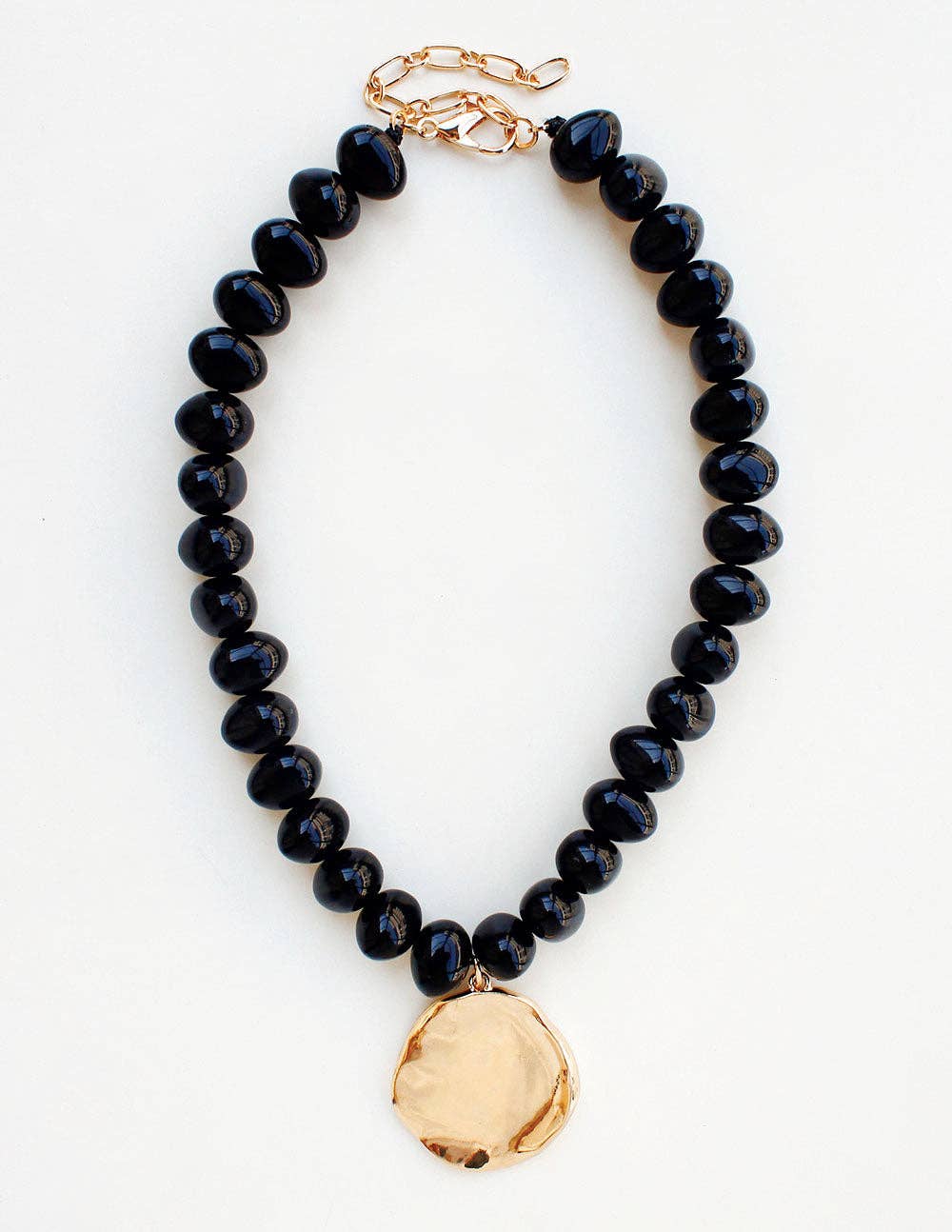 Black Chunky Beaded with Gold Hammered Coin Charm