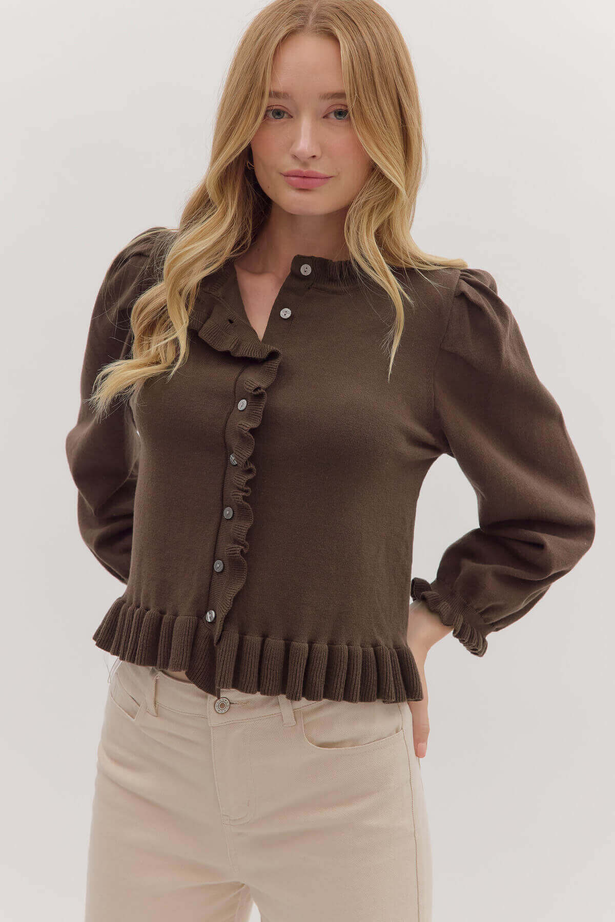 Henley Chocolate Ruffle Sweater