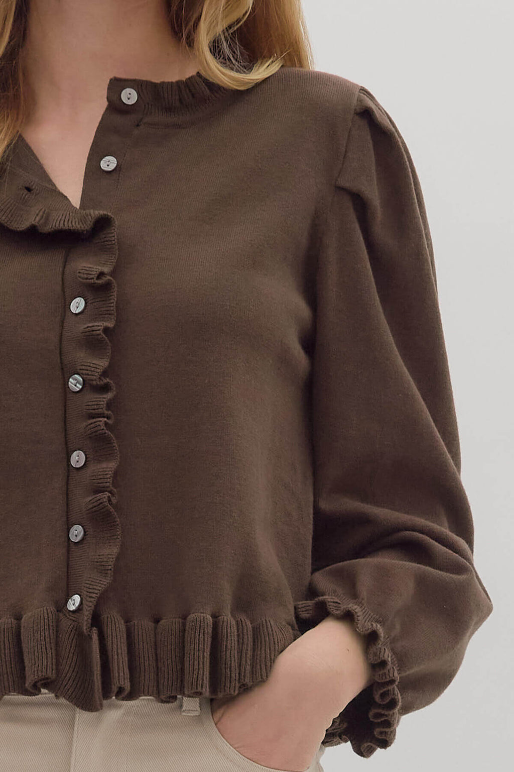 Henley Chocolate Ruffle Sweater