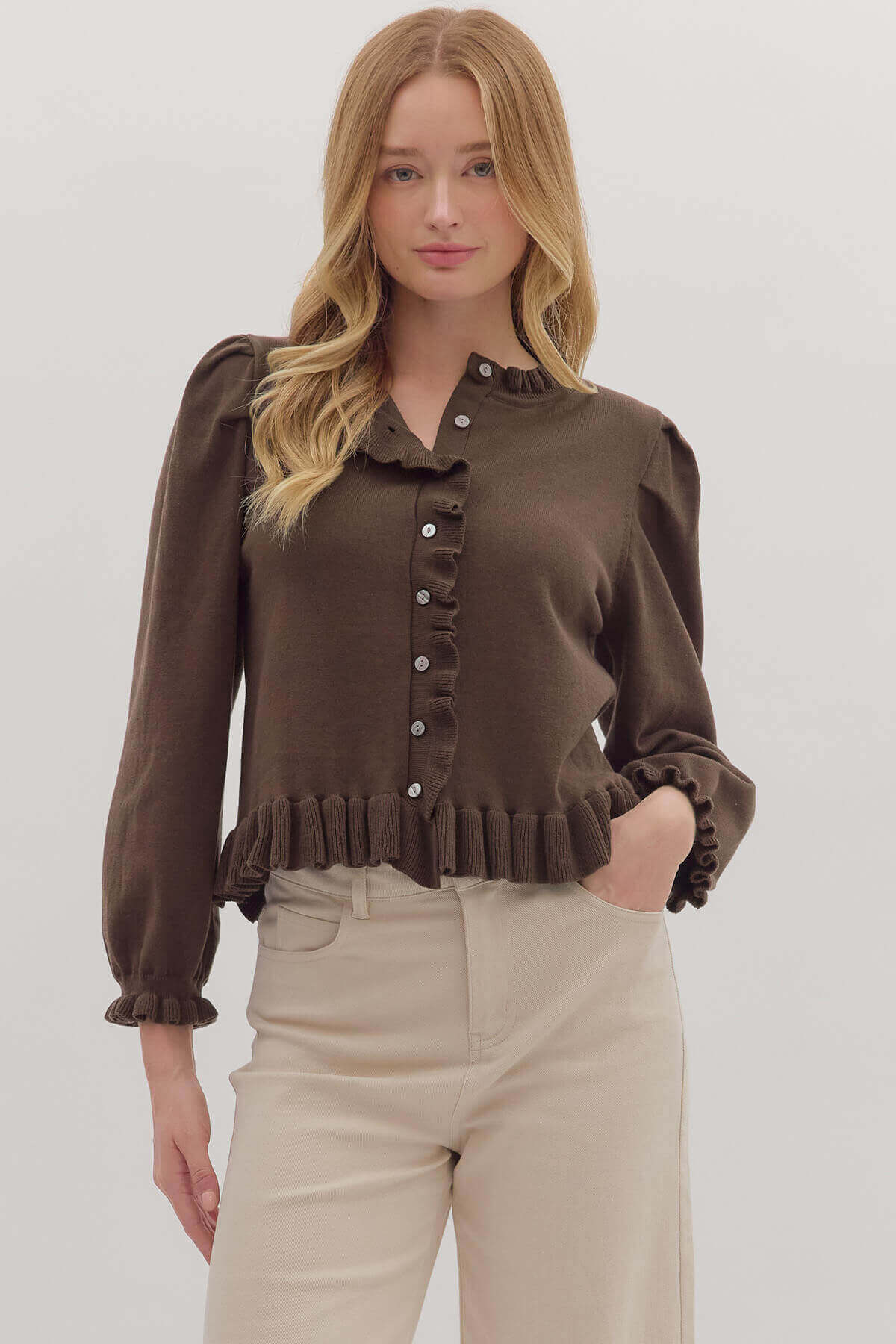 Henley Chocolate Ruffle Sweater