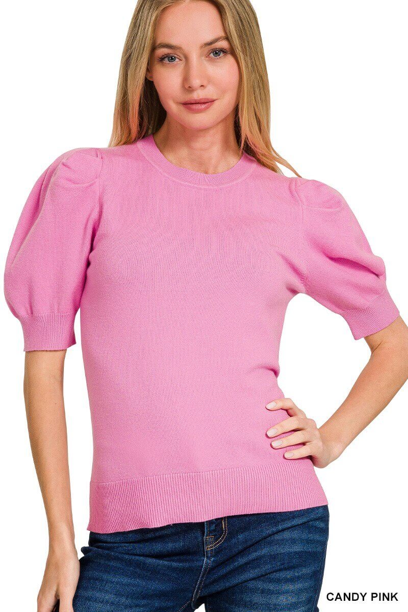 Candy Pink Puff Shoulder Top