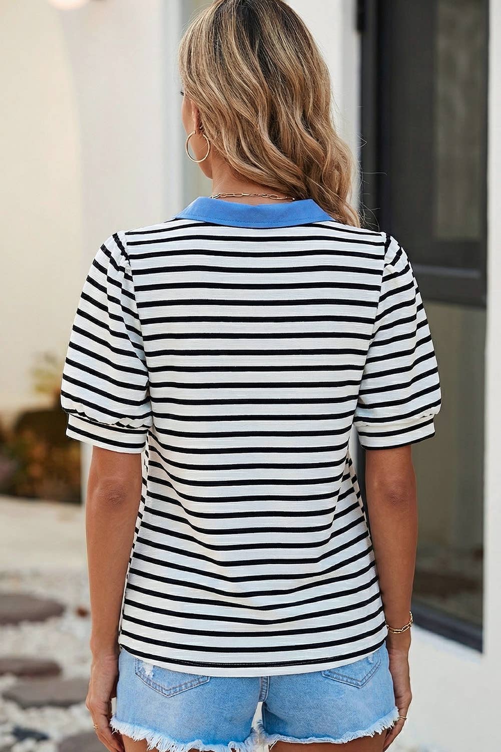 Barb Black Striped V Neck Top
