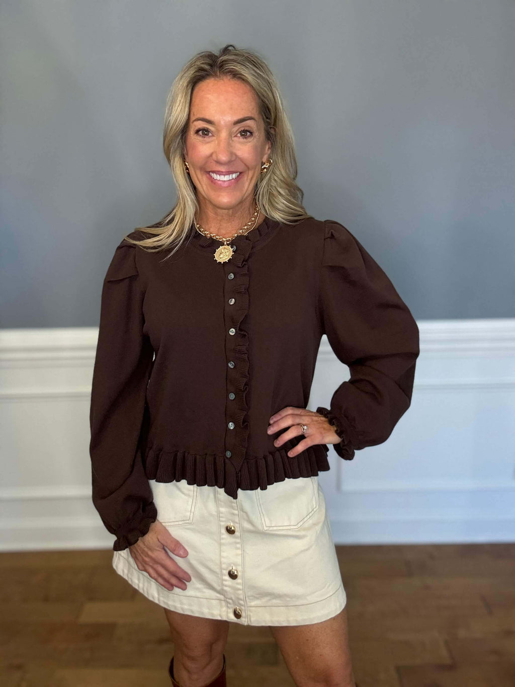 Henley Chocolate Ruffle Sweater