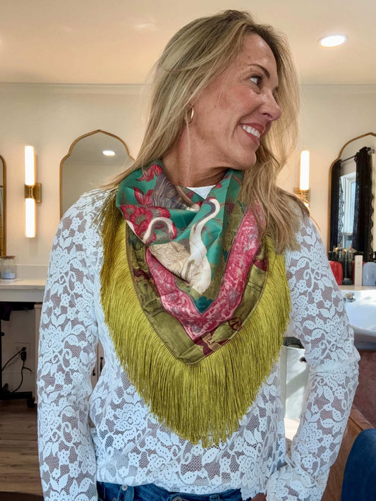 Teal Satin Crain Fringe Scarf