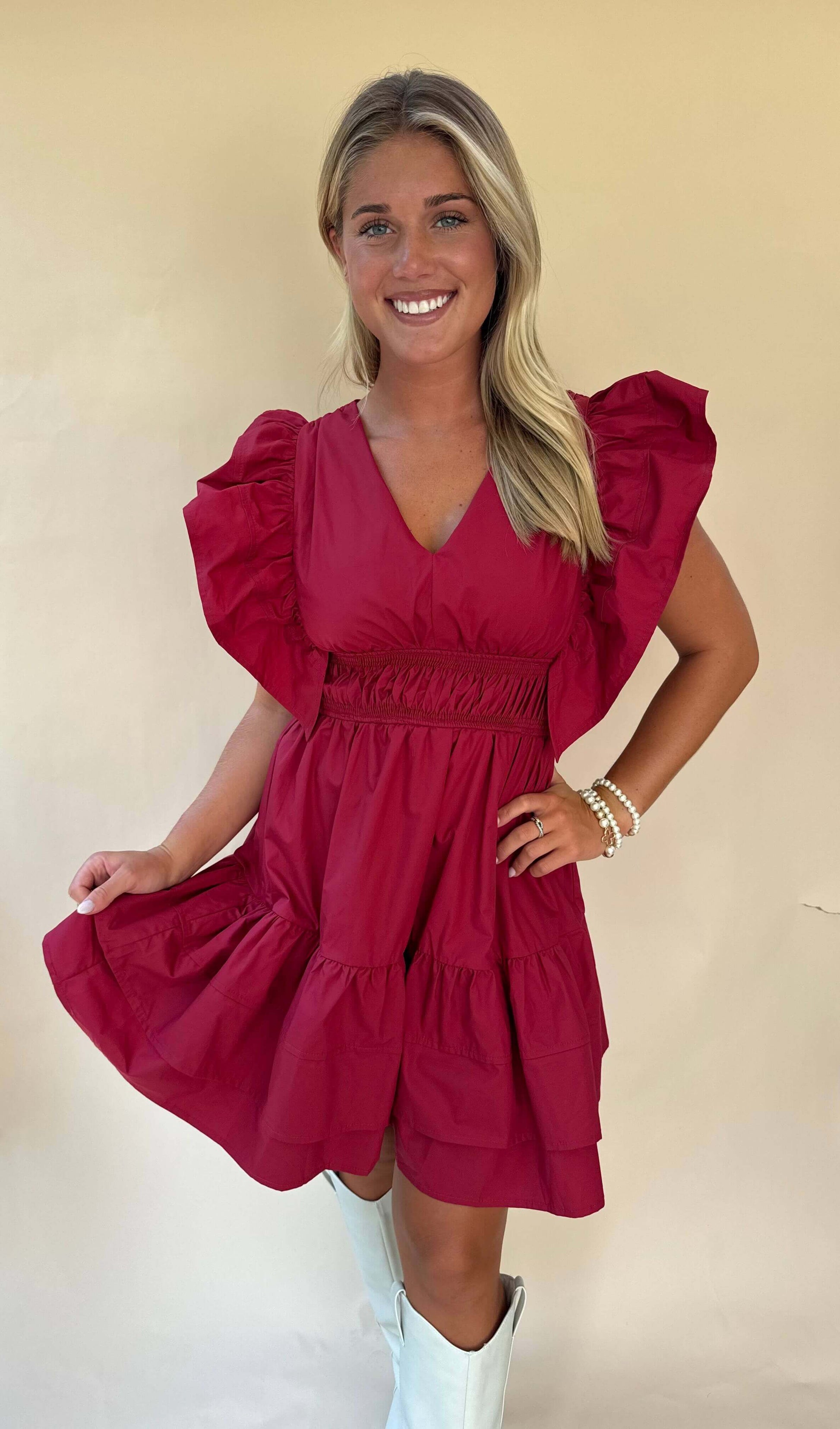 Crimson V-neck Dress