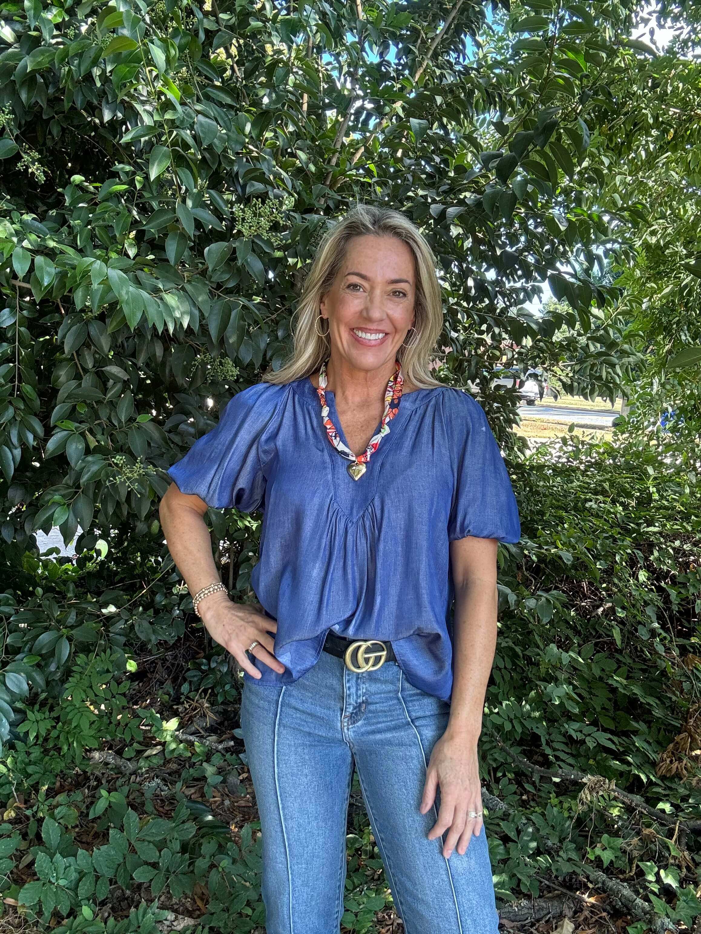 Indigo V-Neck Balloon Sleeve