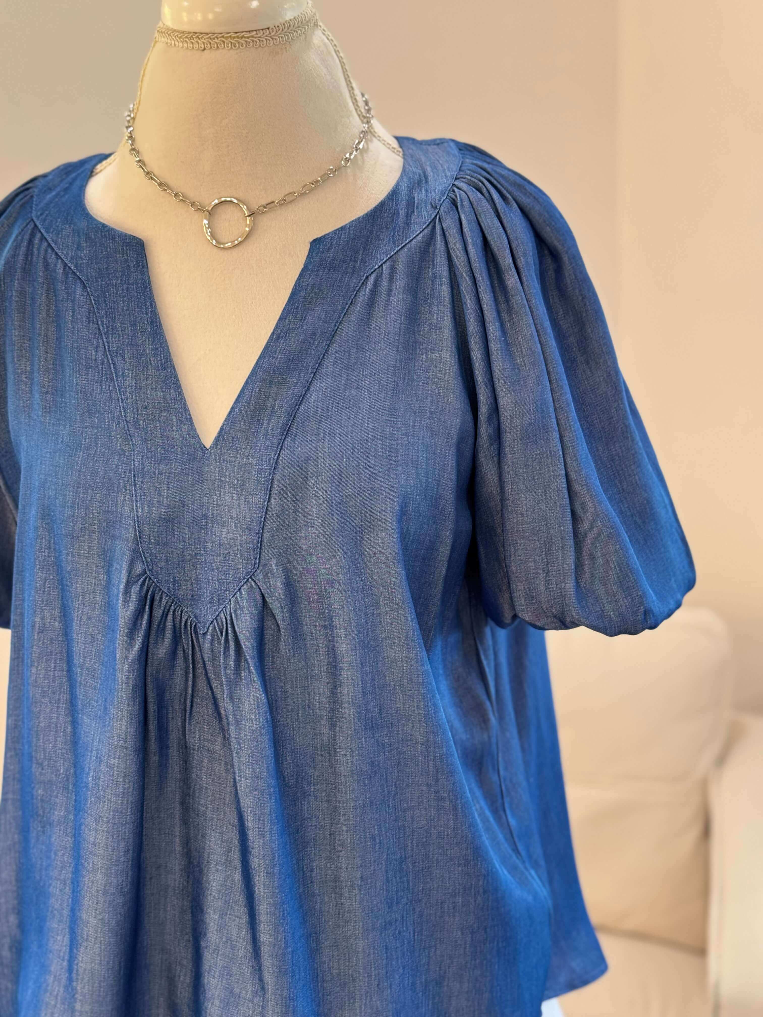 Indigo V-Neck Balloon Sleeve