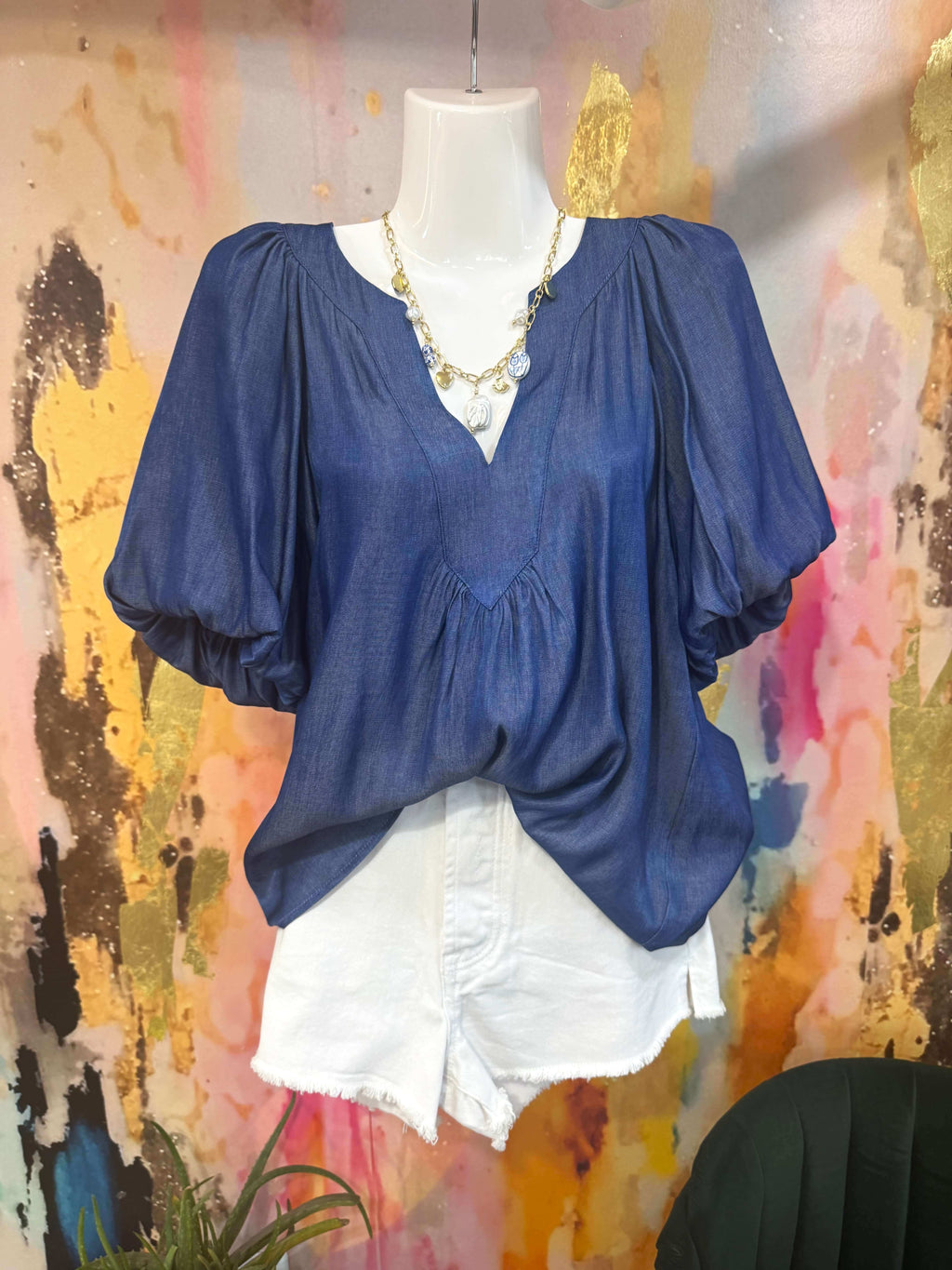 Indigo V-Neck Balloon Sleeve