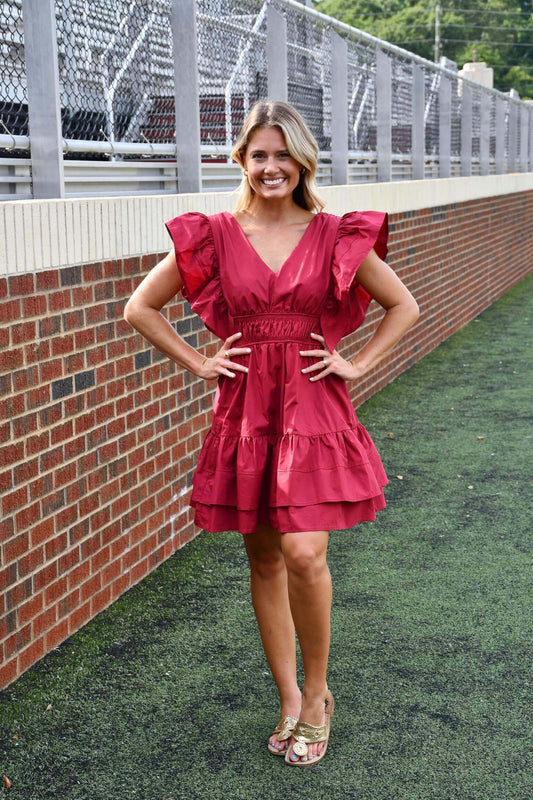 Crimson V-neck Dress