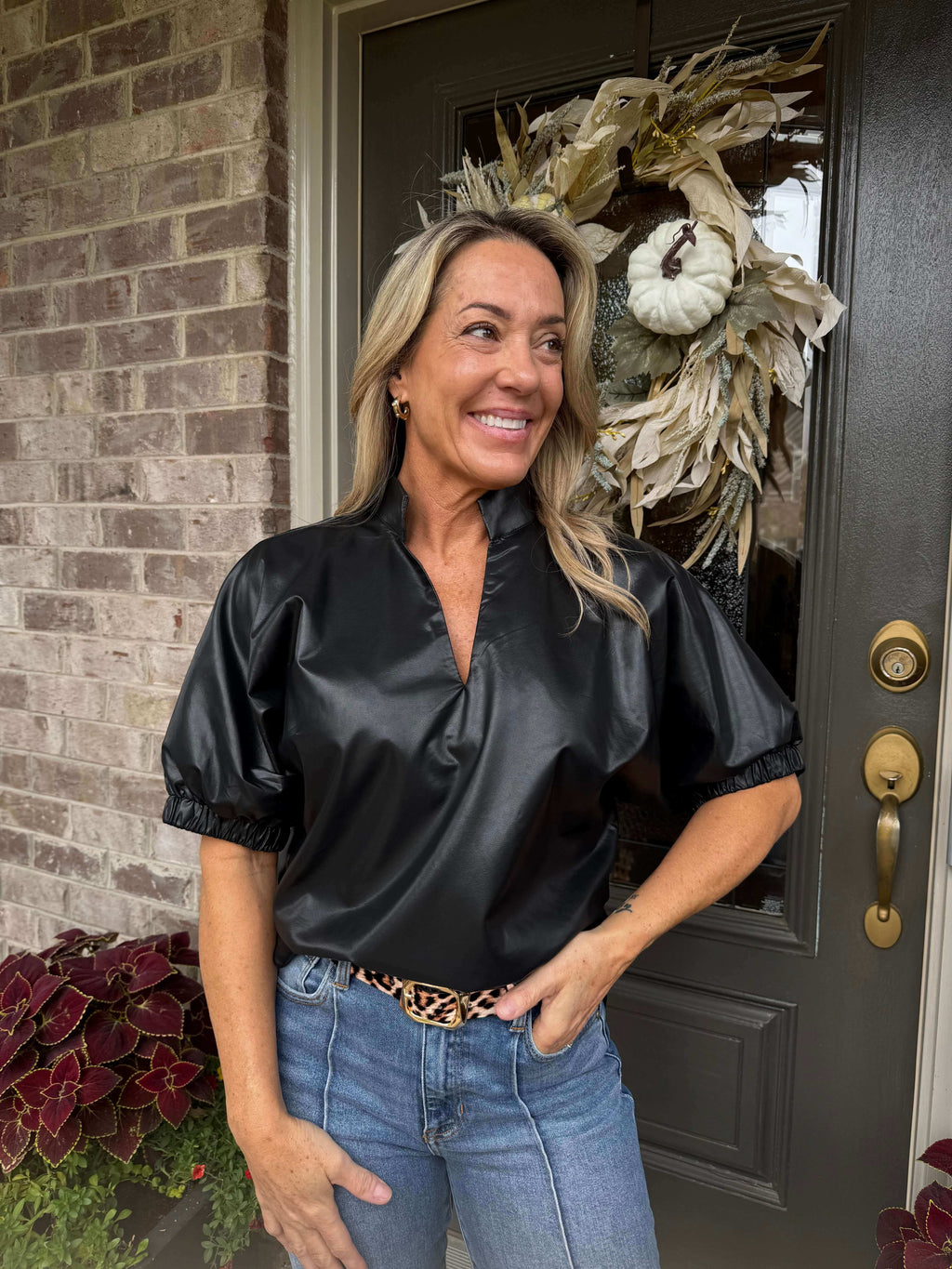 Carrie Black Faux Leather Top