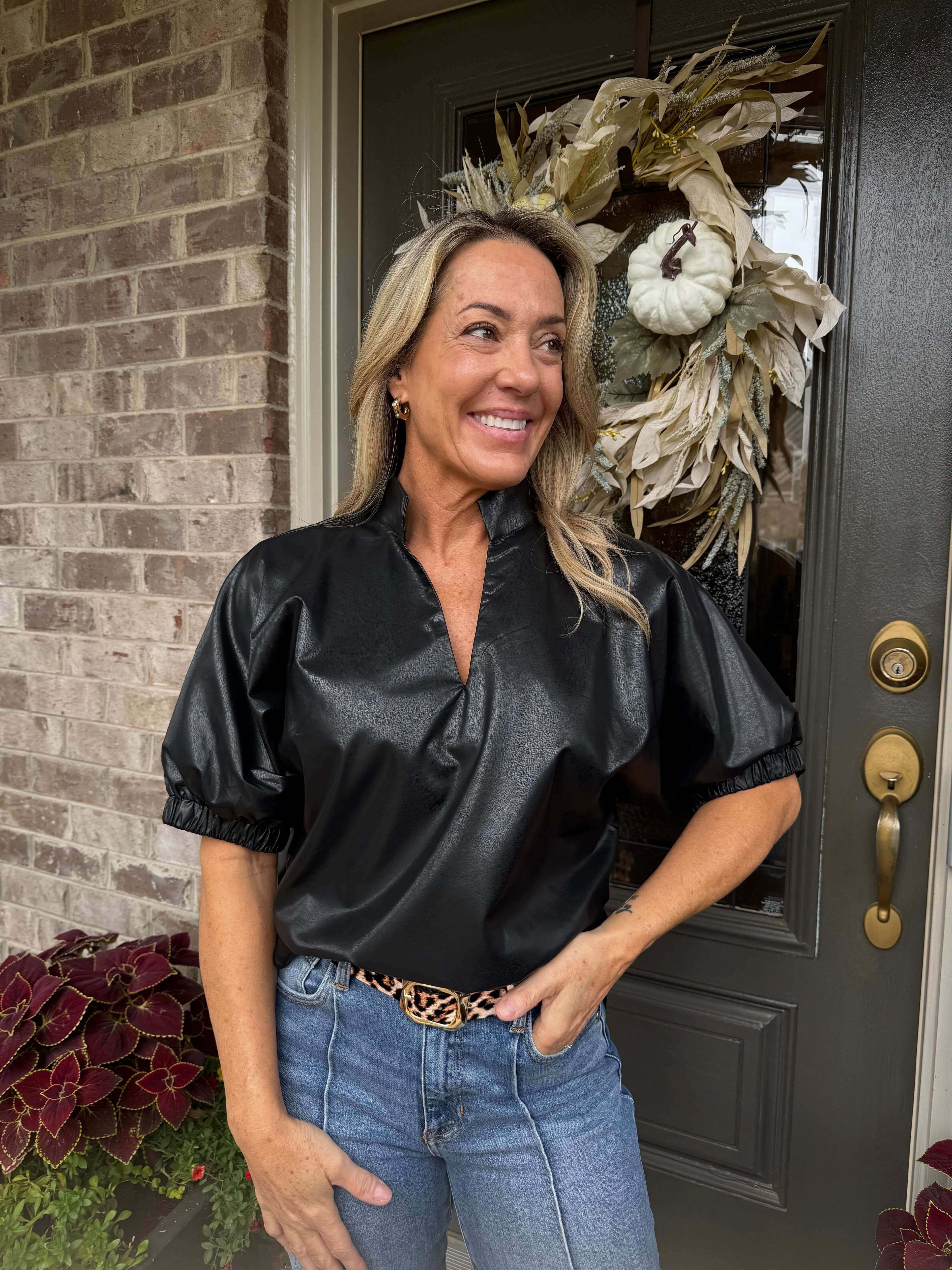 Carrie Black Faux Leather Top