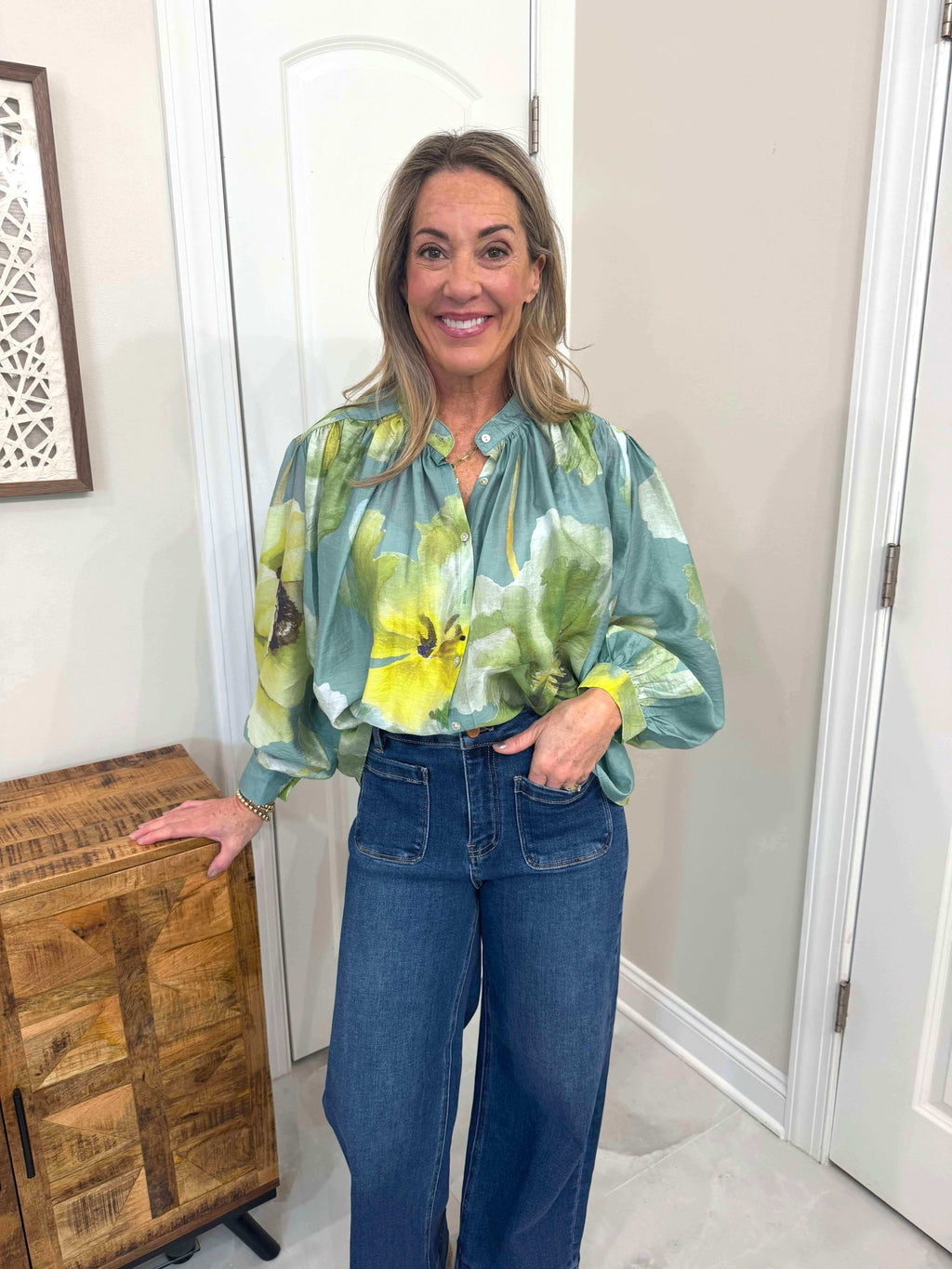 Green Floral Voluminous Blouse