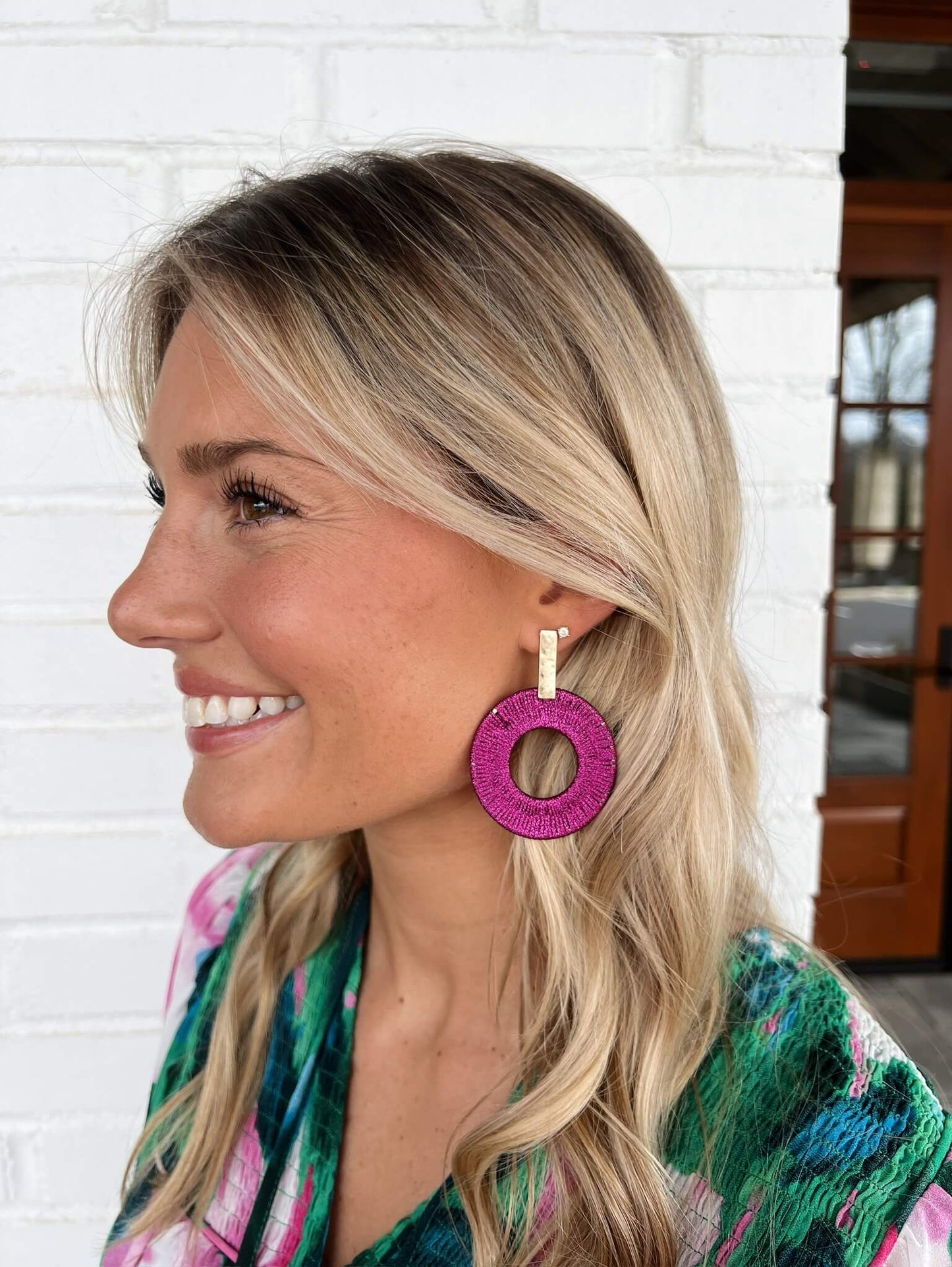 Fuchsia Circle String Post Earrings