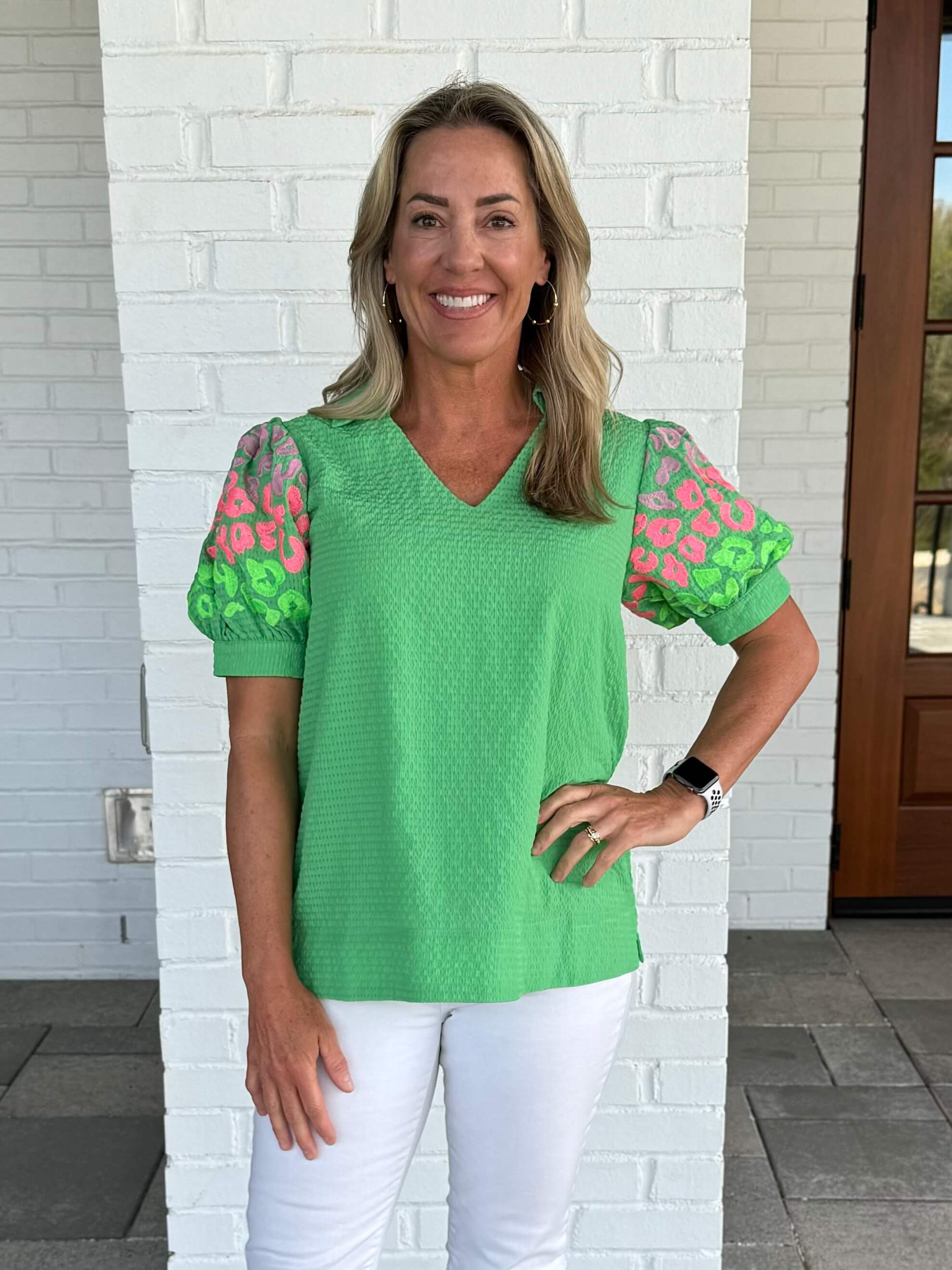 Leigh-Ann Textured Top, Bright Green, puff sleeve, Pink Print, Summer vibes