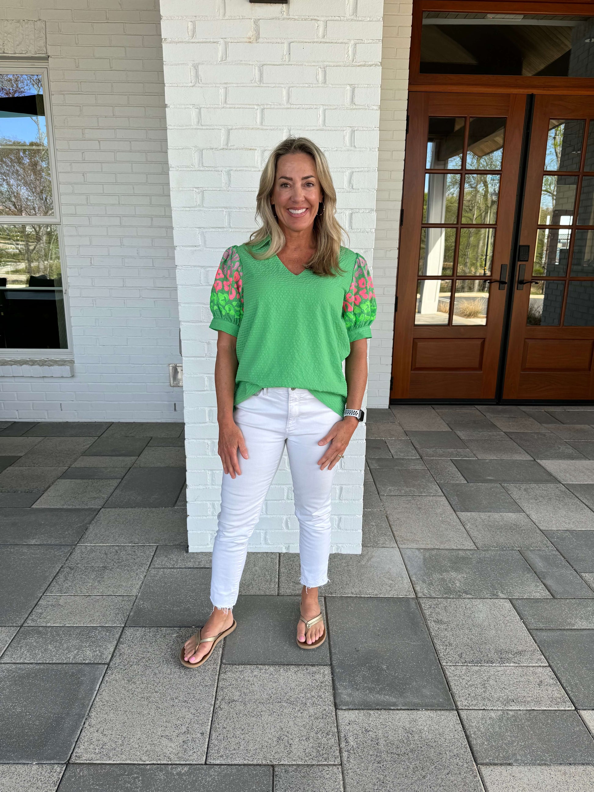 Leigh-Ann Textured Top, Bright Green, puff sleeve, Pink Print, Summer vibes