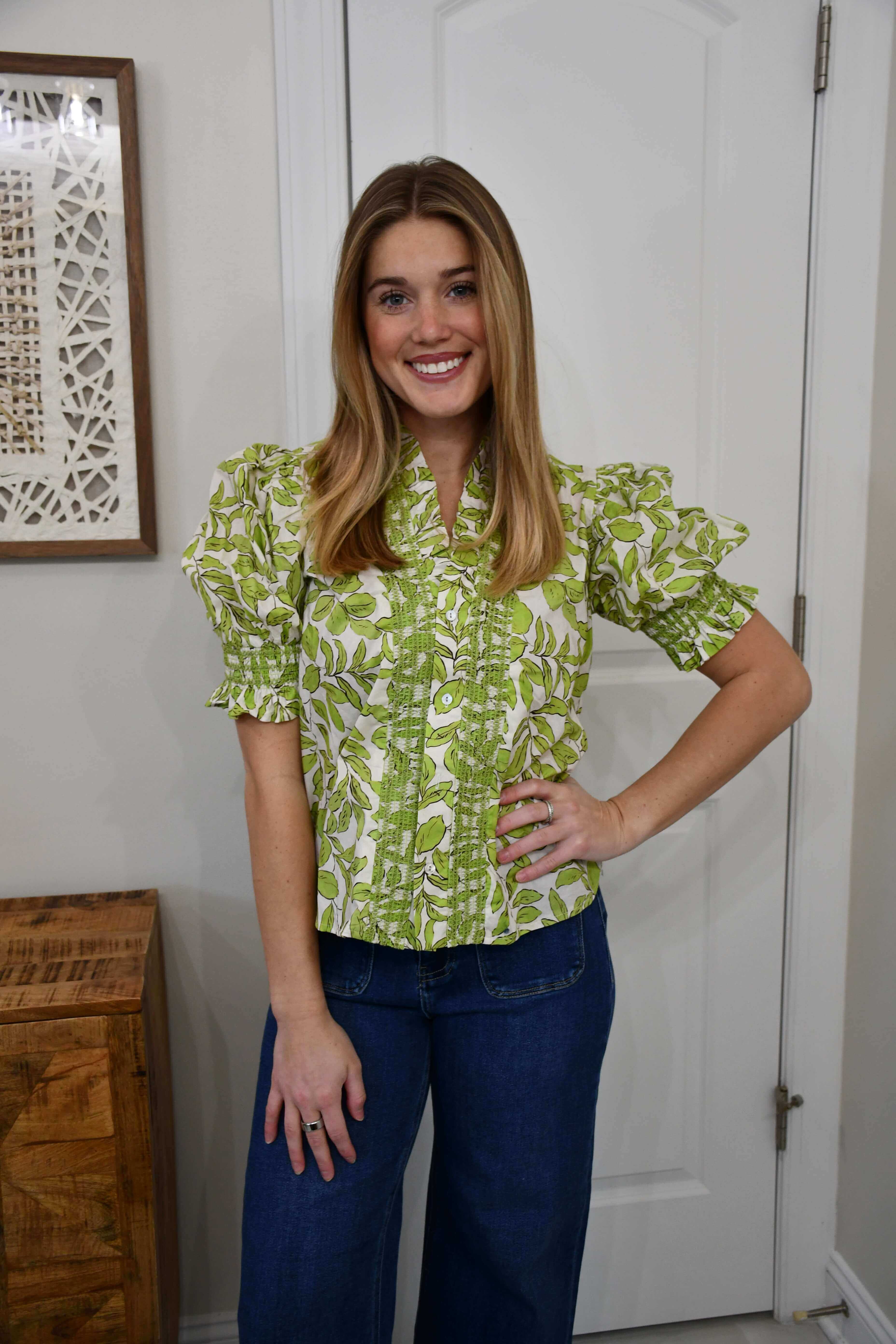 Ruffle V-neck Smocked Puff Sleeve