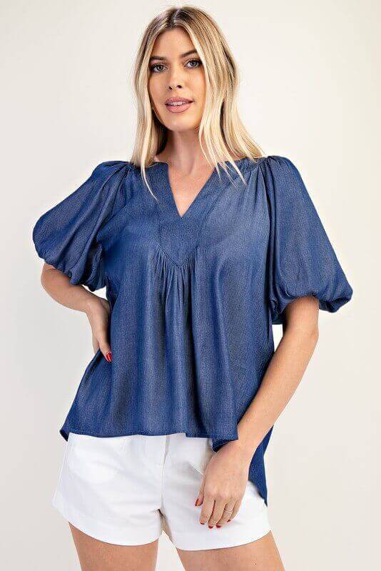 Indigo V-Neck Balloon Sleeve