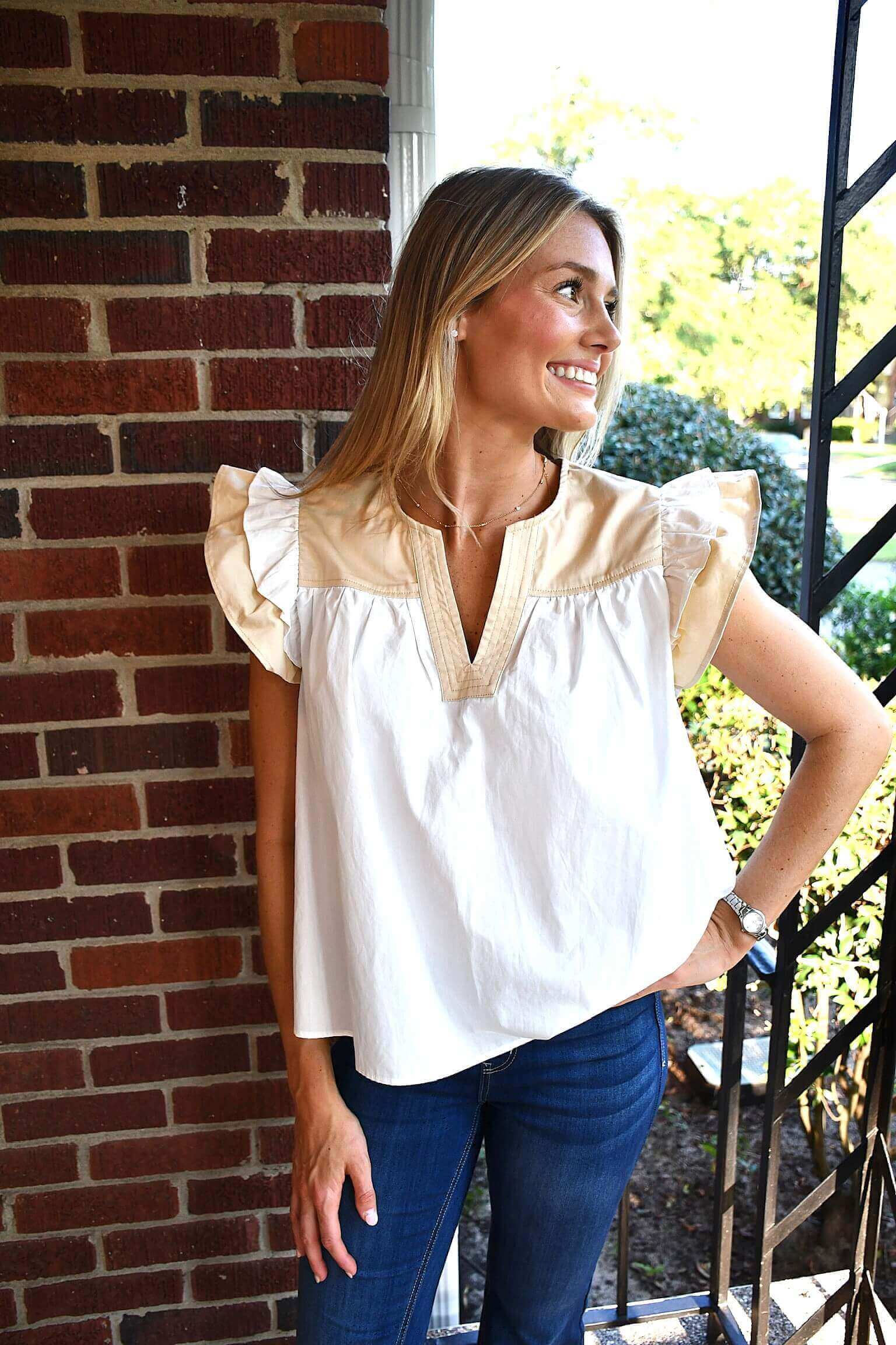 Marah Ecru Ruffle Sleeve Top
