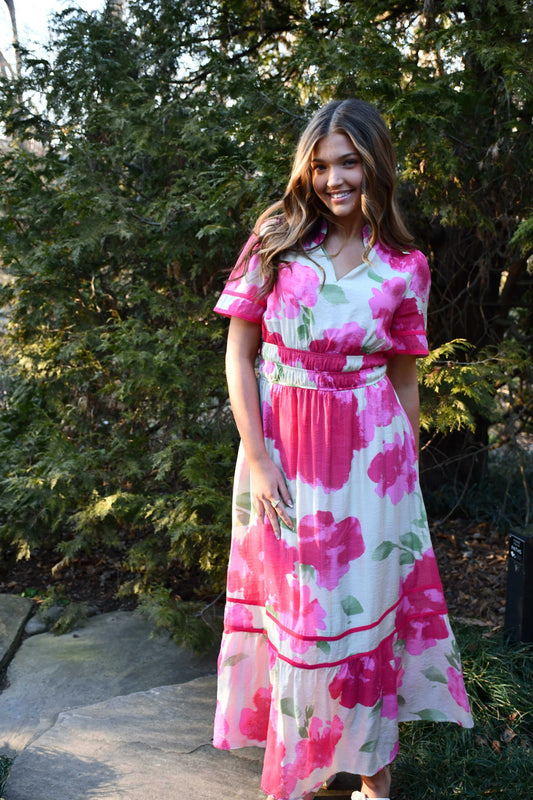 Savannah Pink Floral Midi Dress
