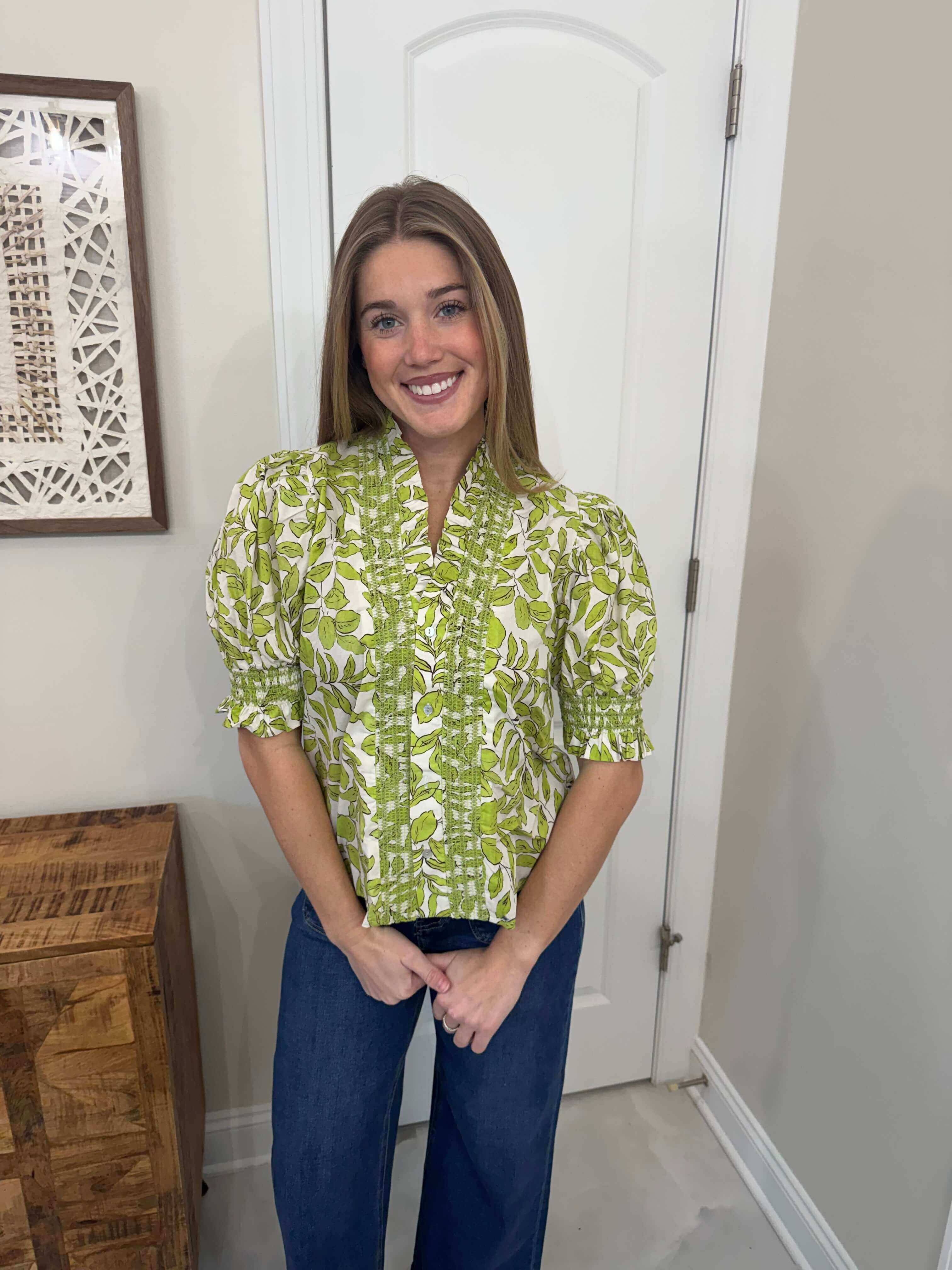 Ruffle V-neck Smocked Puff Sleeve