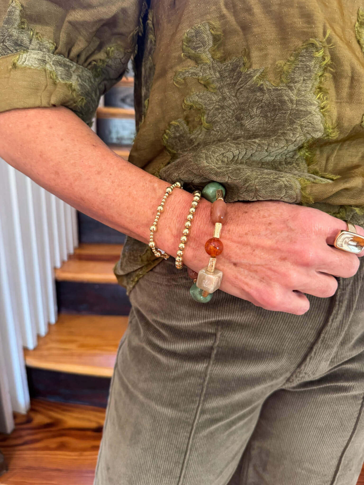 Olive, Natural, and Multi with Gold Bar Stretch Bracelet