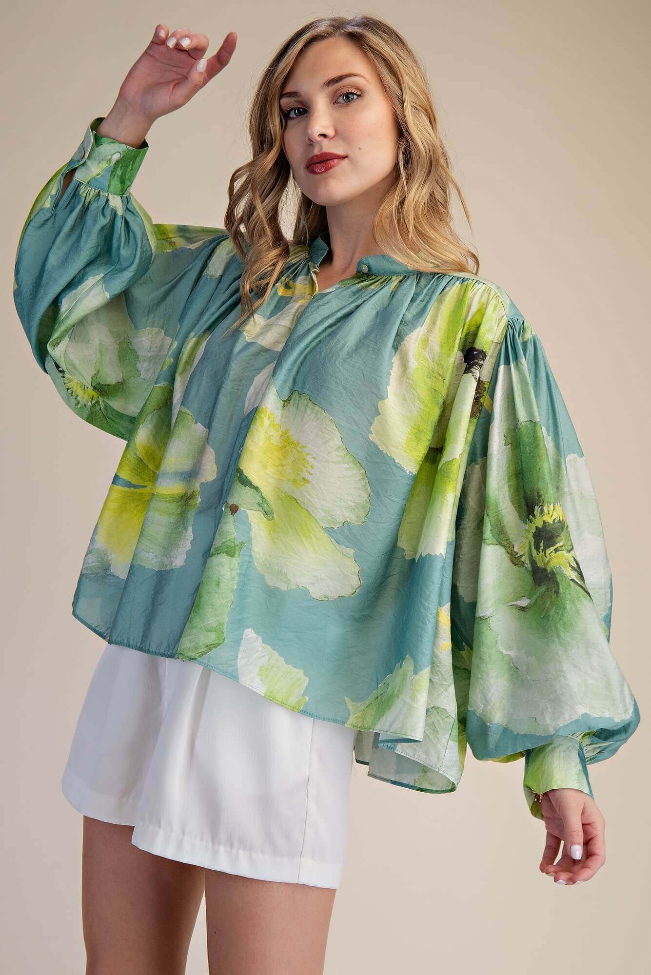 Green Floral Voluminous Blouse