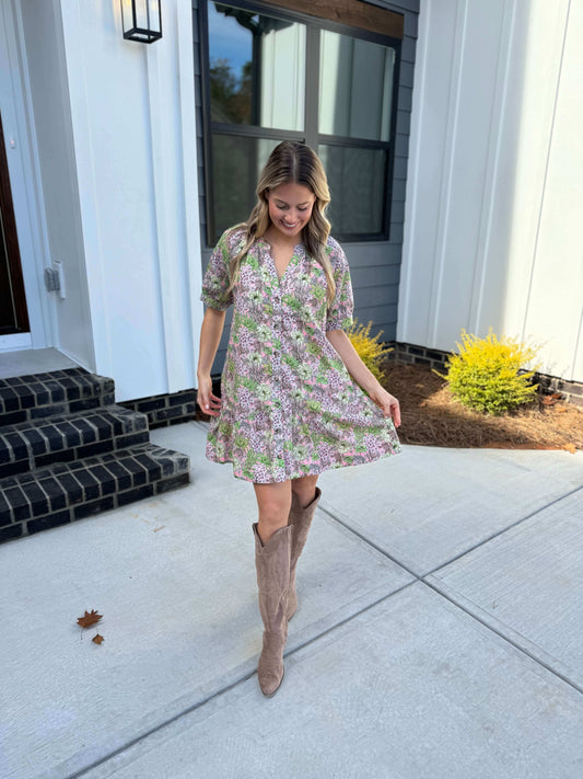 Pamala Pink/Green Floral Dress