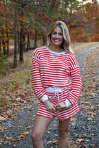 Karen Red Stripe Pullover Short Set