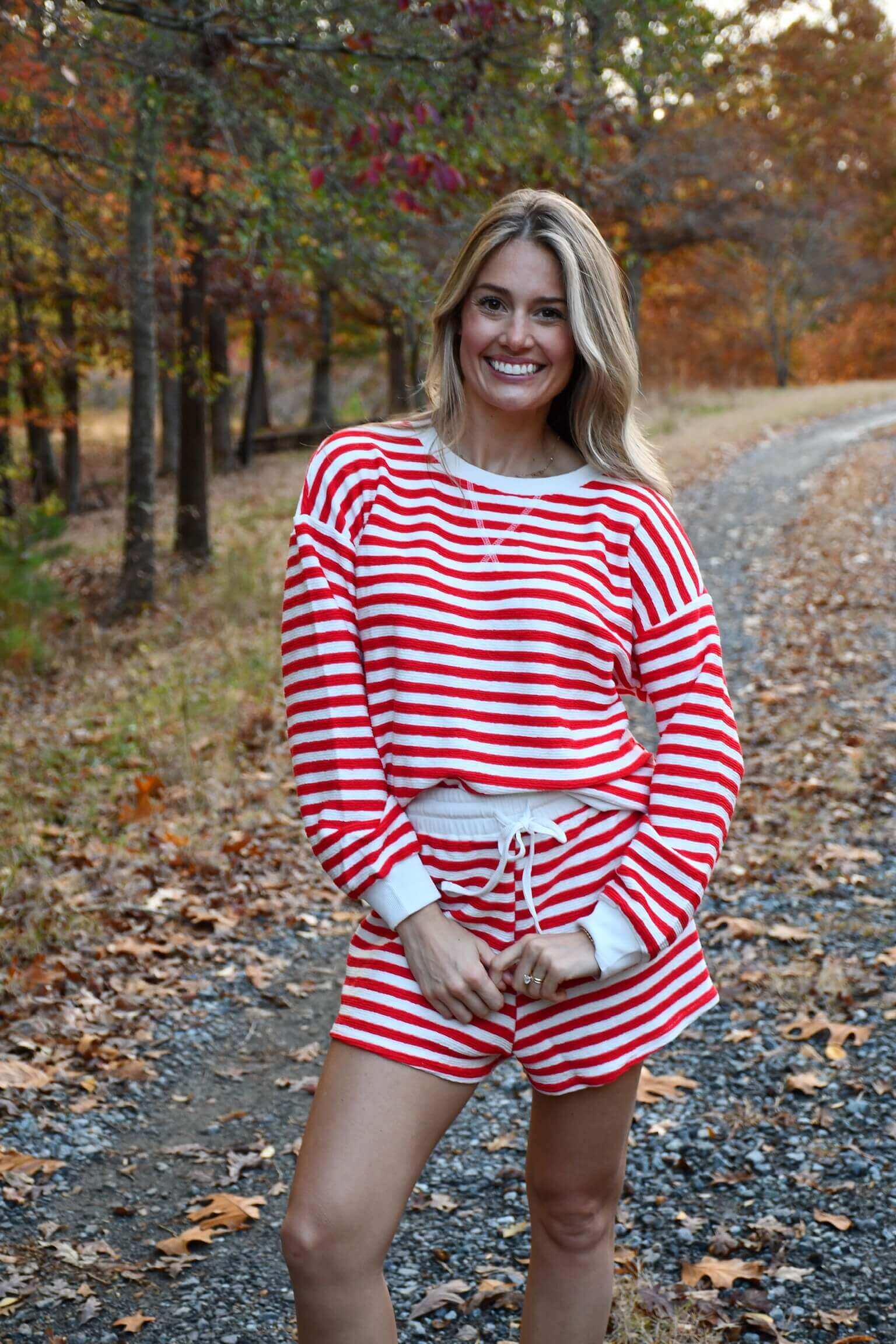 Karen Red Stripe Pullover Short Set