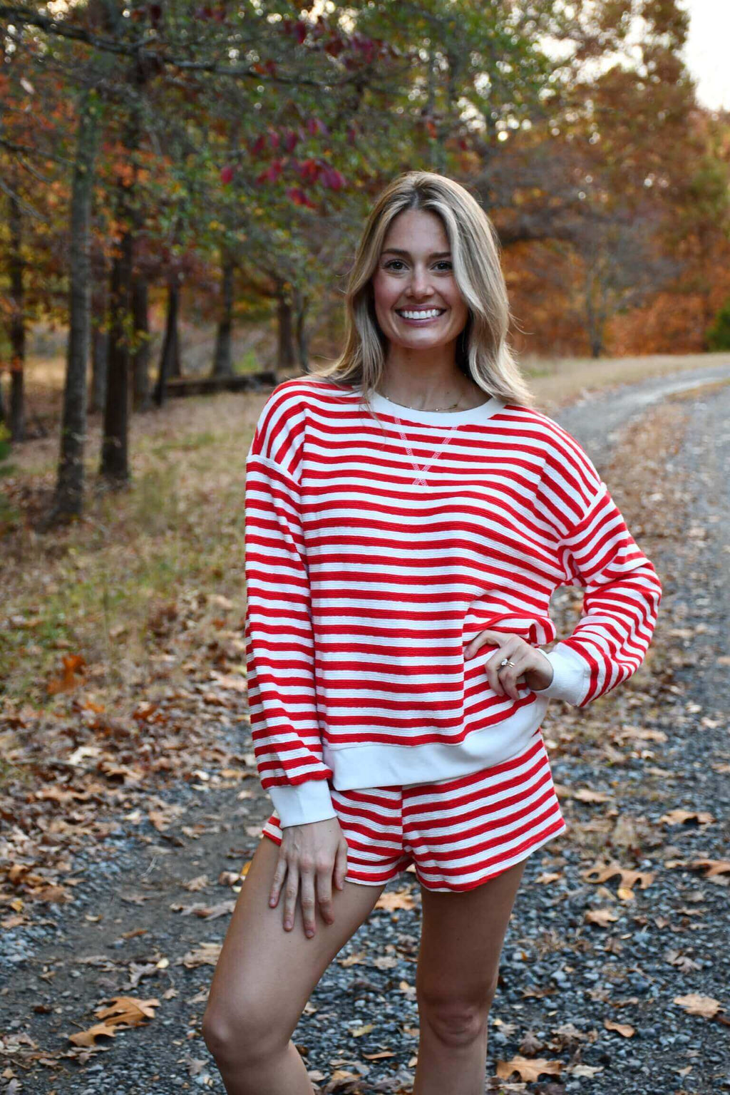 Karen Red Stripe Pullover Short Set