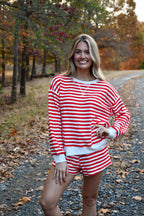 Karen Red Stripe Pullover Short Set