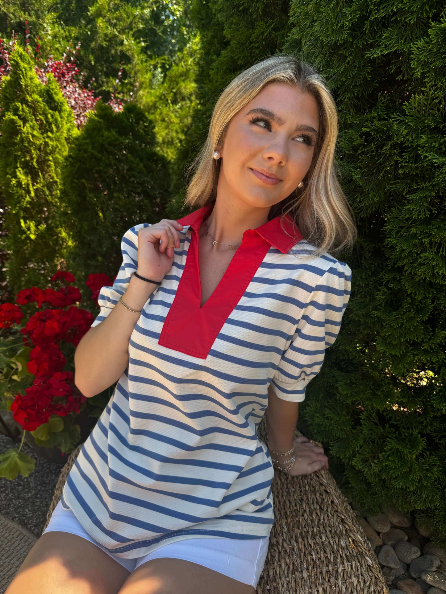 Debbie Striped V Neck-Red