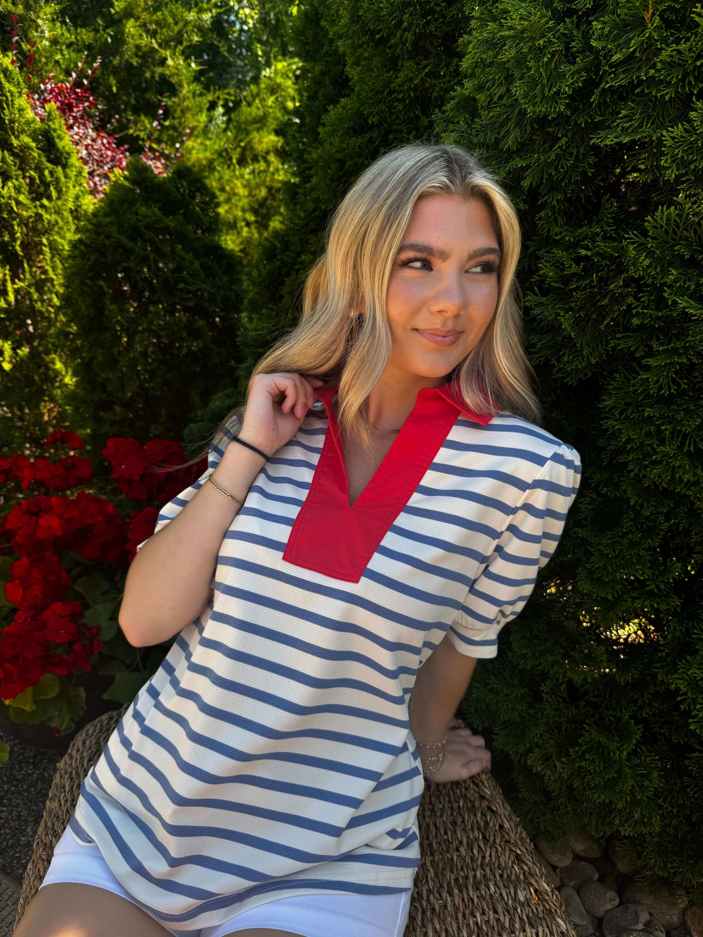 Debbie Striped V Neck-Red