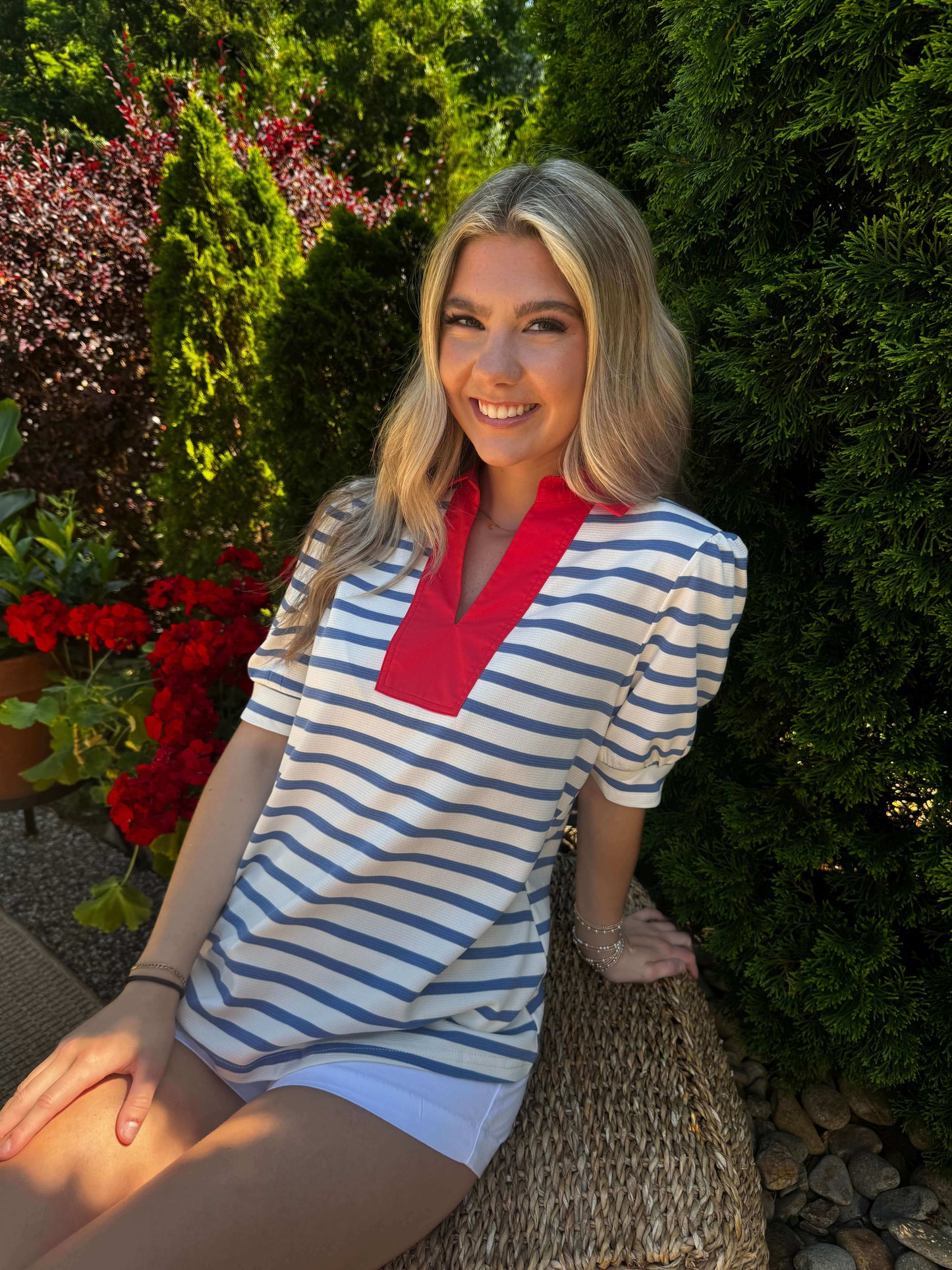 Debbie Striped V Neck-Red