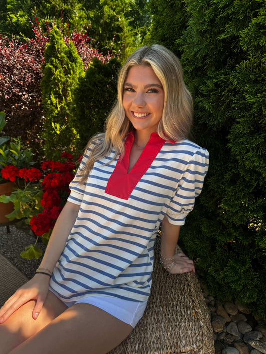 Debbie Striped V Neck-Red